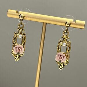 1928 Brand Vintage Pink Porcelain Rose & Pearl Drop Earrings
